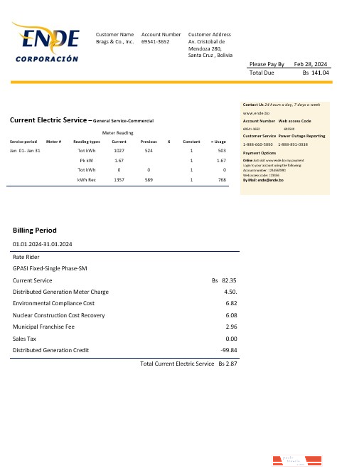 Bolivia ENDE Corporacion electricity business utility bill template in Word and PDF format